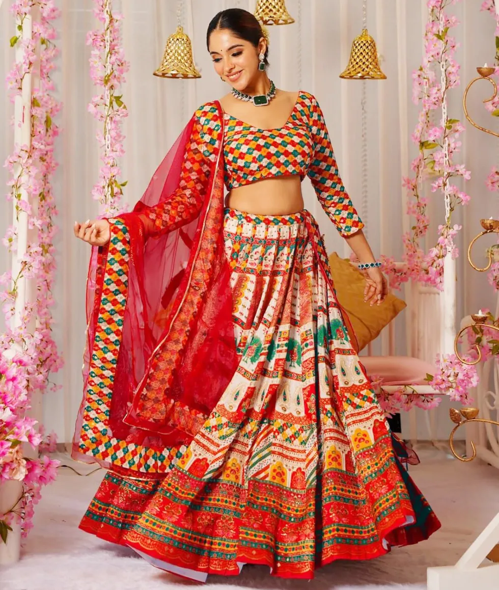 Red Silk Digital Printed Readymade Lehenga - Image 2