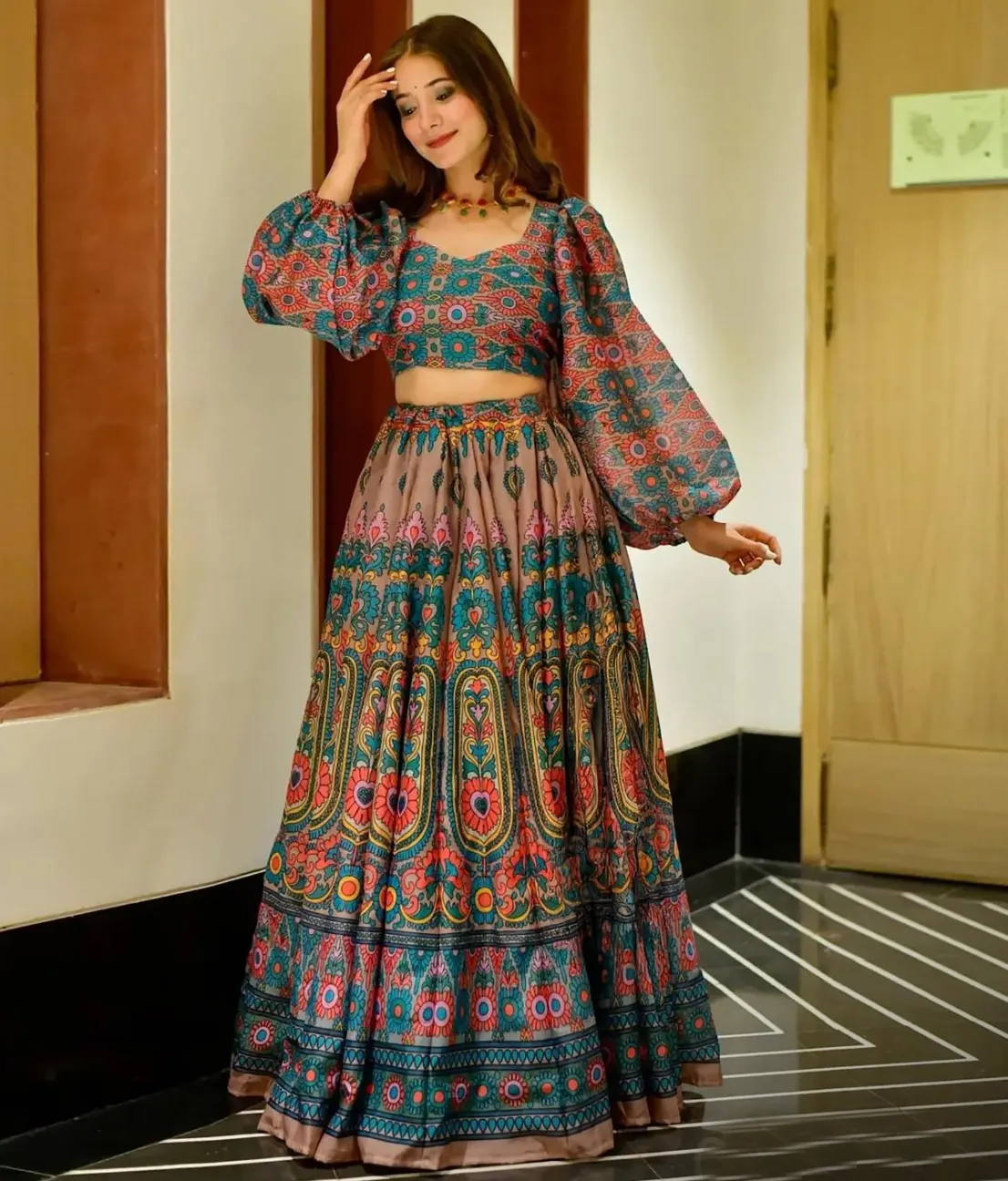 Multicolor Silk Digital Printed Readymade Lehenga