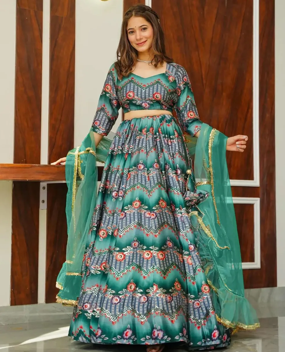 Teal Blue Silk Digital Printed Readymade Lehenga