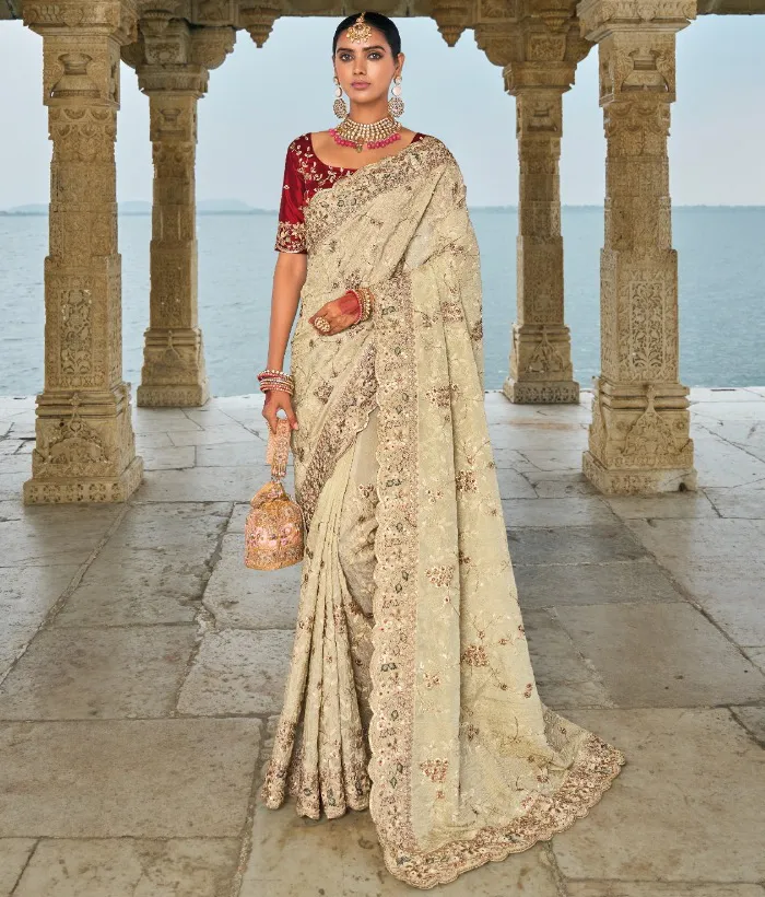 Cream Pure Banarasi Lucknowi Heavy Work Bridal Saree