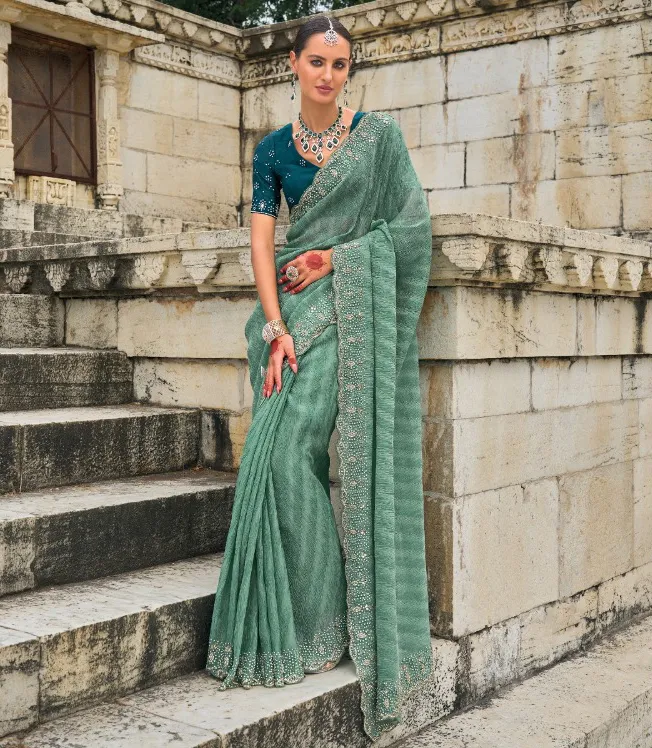 Green Pure Crush Tissue Pearl Work Bridal Saree