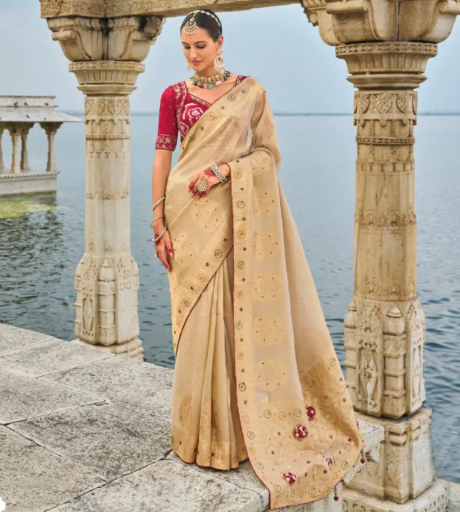 Beige Pure Kanjivaram Zardosi Work Bridal Saree
