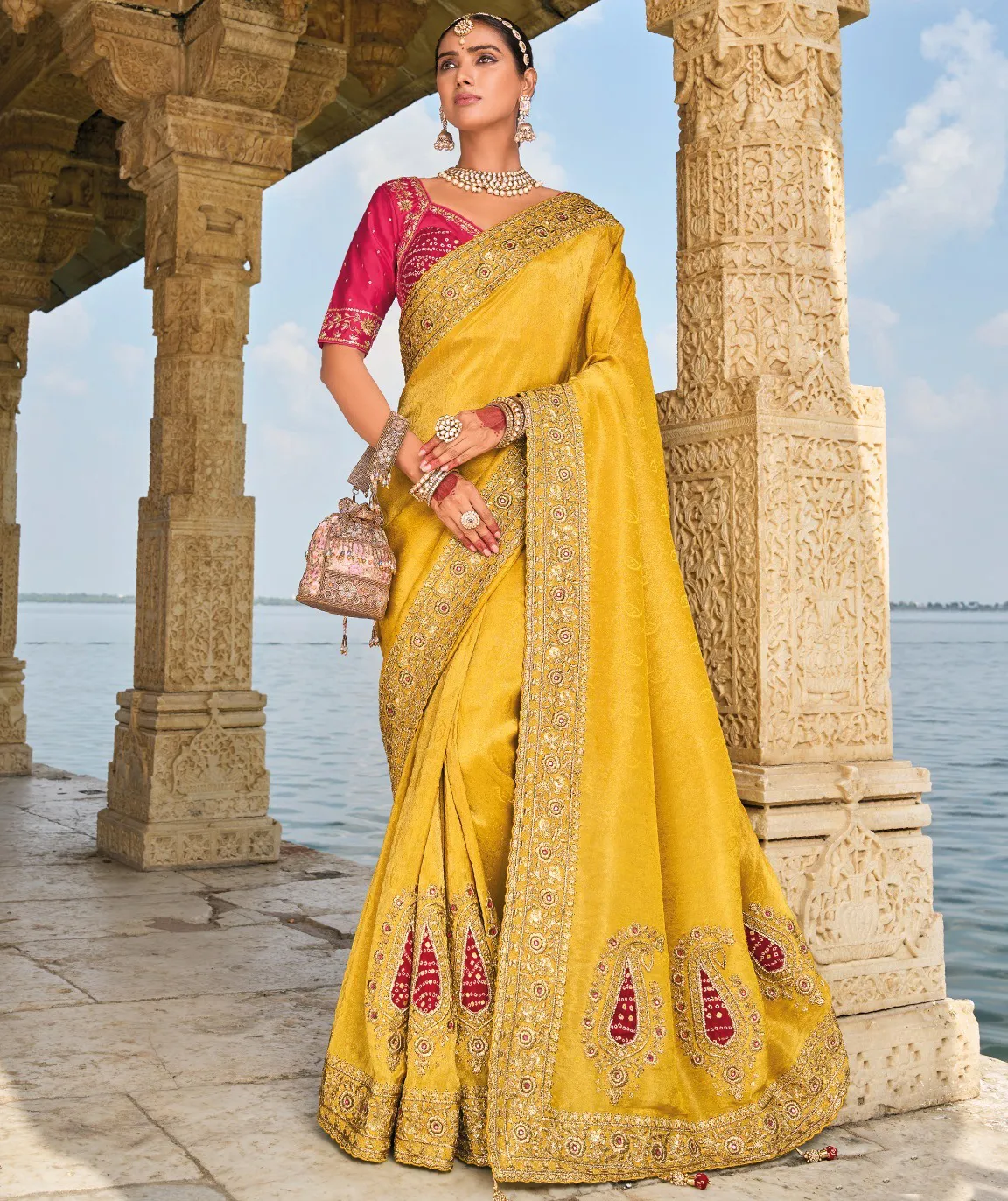 Mustard Pure Crepe Jacquard Zardosi Work Bridal Saree
