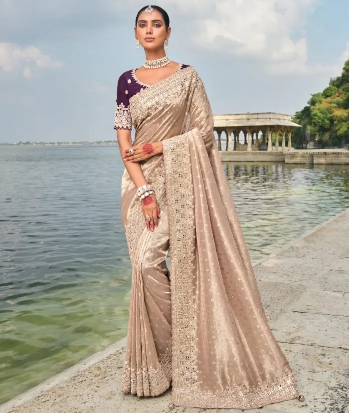 Light Peach Pure Kanjivaram Mirror Work Bridal Saree