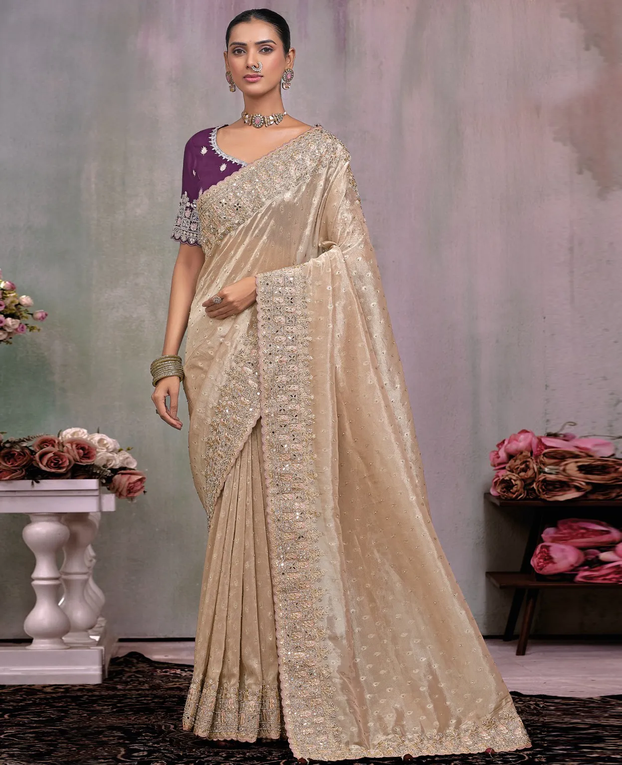Beige Pure Kanjivaram Mirror Work Bridal Saree