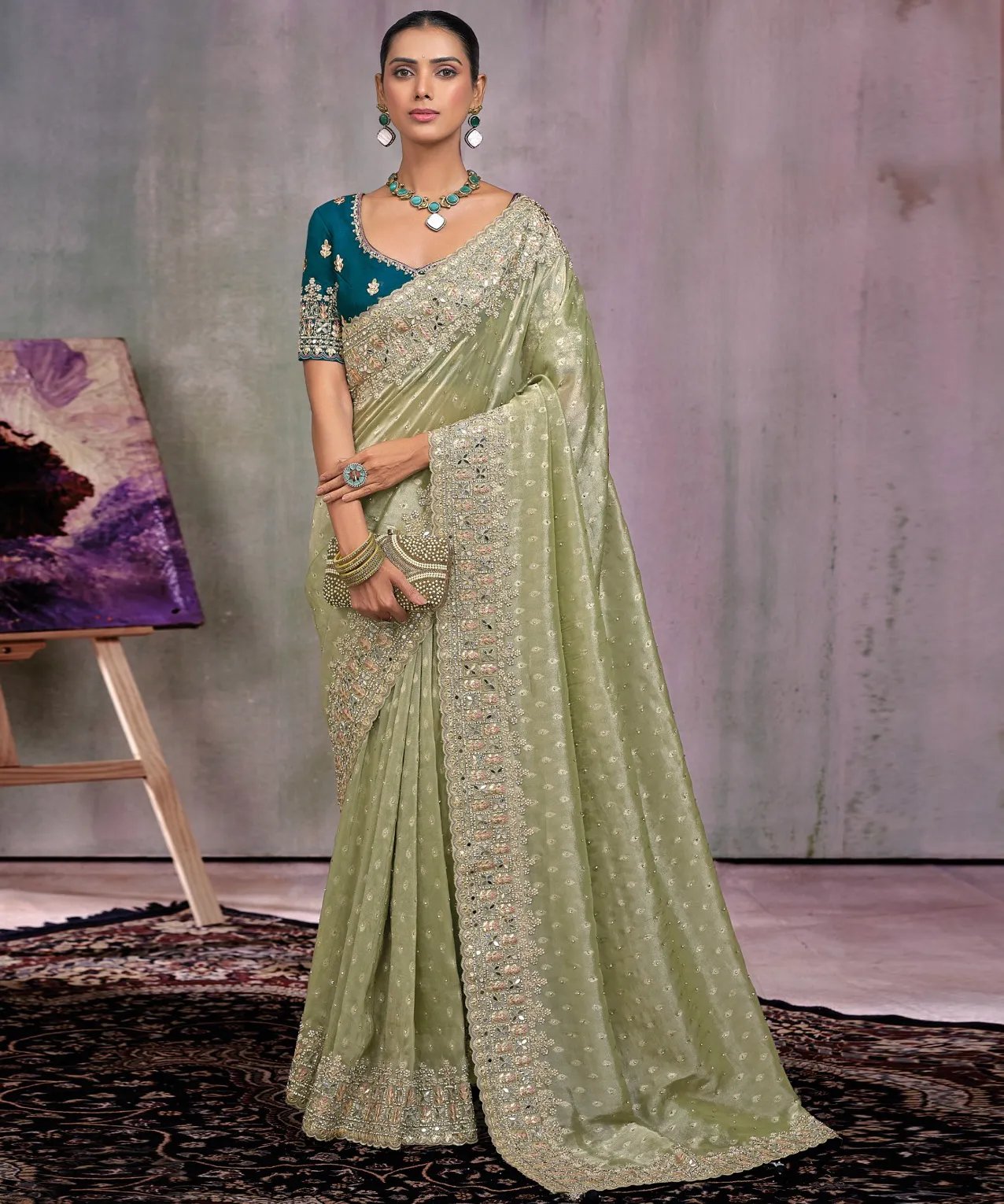 Light Green Pure Kanjivaram Mirror Work Bridal Saree