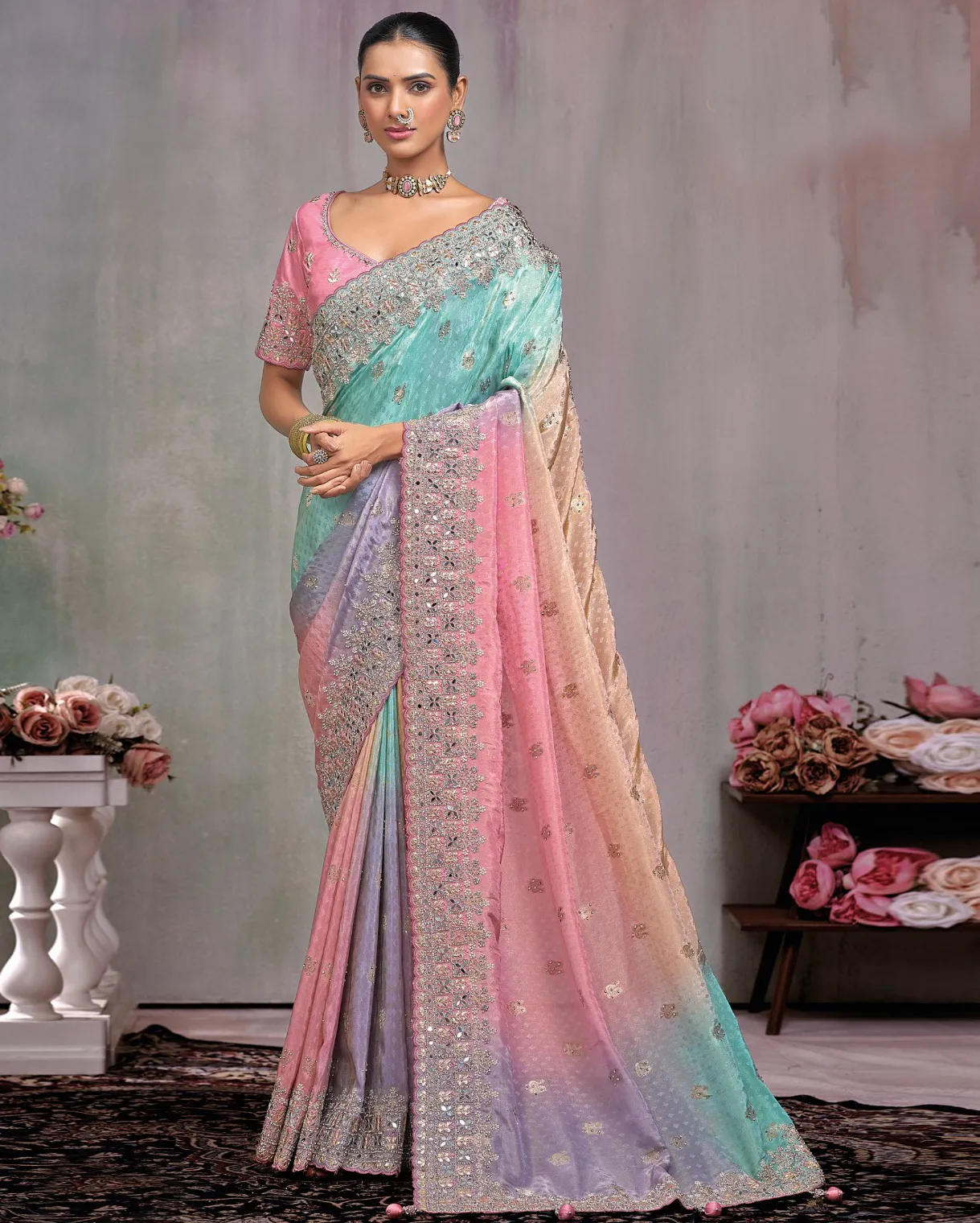 Multicolor Pure Kanjivaram Mirror Work Bridal Saree