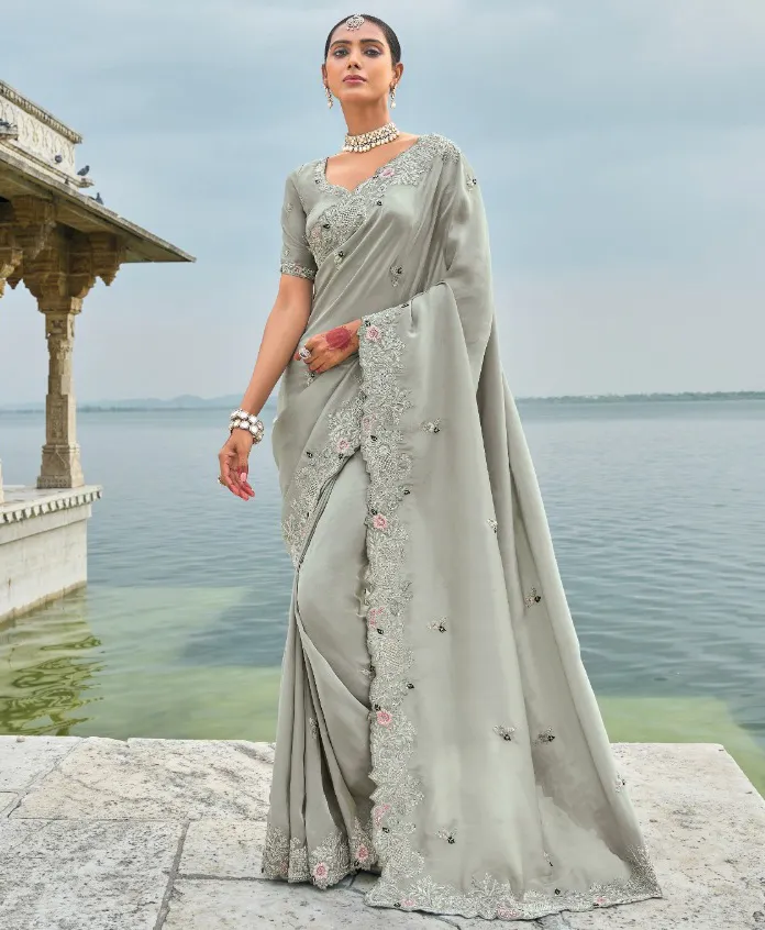 Grey Pure Banarasi Jarkan Heavy Work Bridal Saree