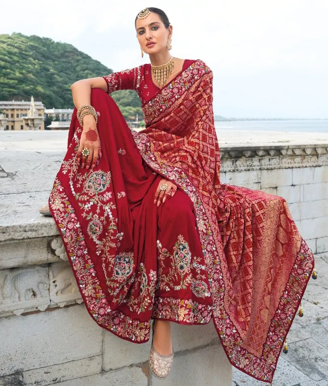 Maroon Pure Bandhej Pearl Heavy Work Bridal Saree