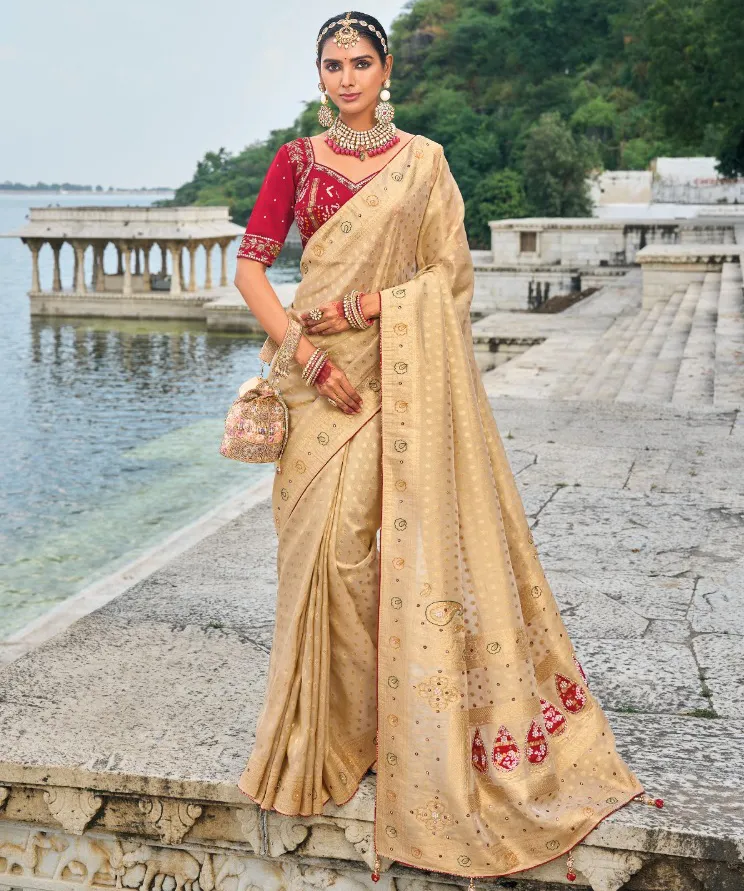 Cream Pure Kanjivaram Zardosi Work Bridal Saree