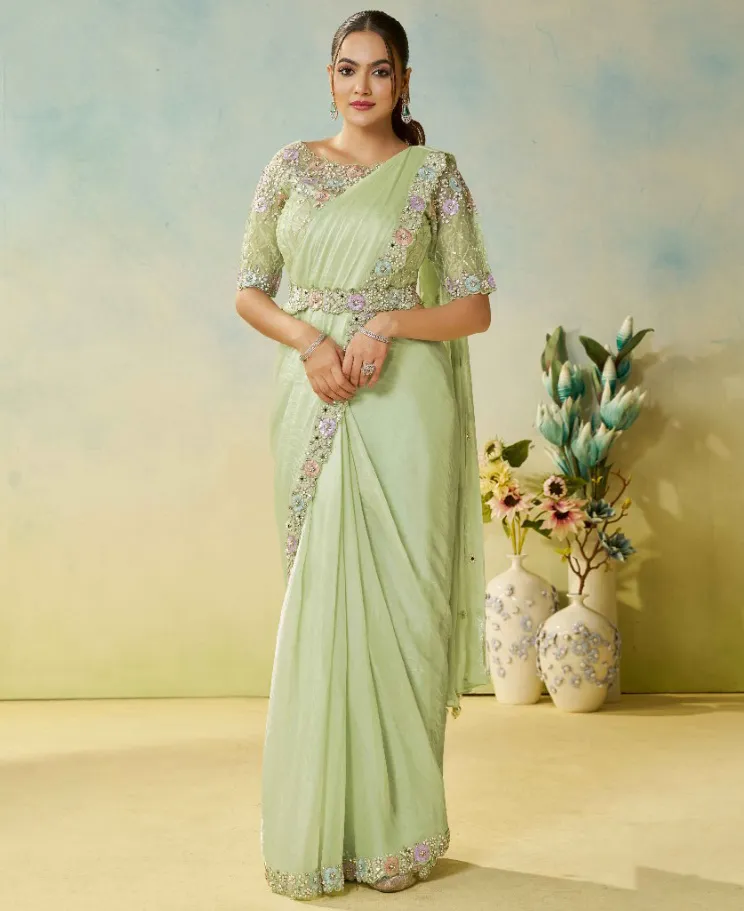 Mint Green Two Tone Satin Silk Embroidered Readymade Saree