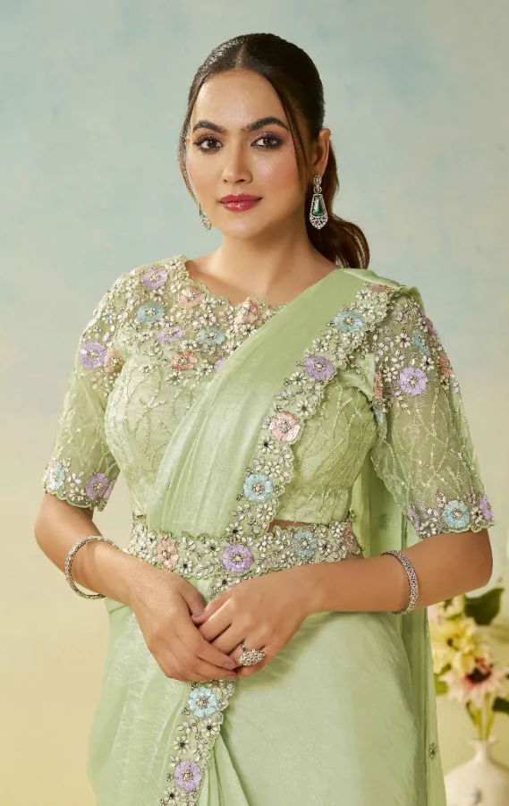 Mint Green Two Tone Satin Silk Embroidered Readymade Saree - Image 2