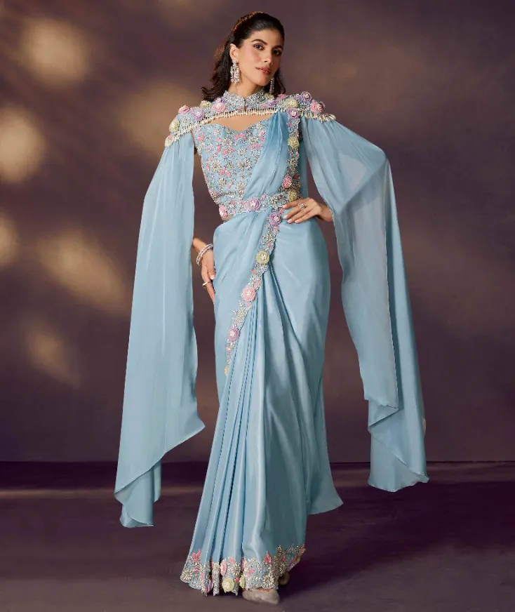 Sky Blue Two Tone Satin Silk Embroidered Readymade Saree