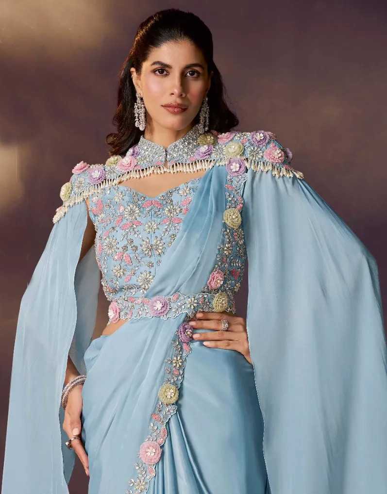 Sky Blue Two Tone Satin Silk Embroidered Readymade Saree - Image 2