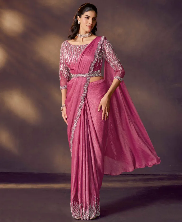 Pink Crush Satin Silk Readymade Indo Western Saree