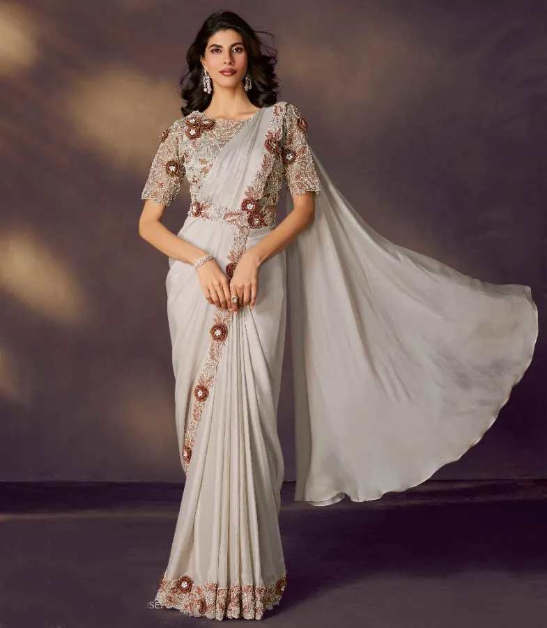 Off White Two Tone Satin Silk Stone Work Readymade Saree