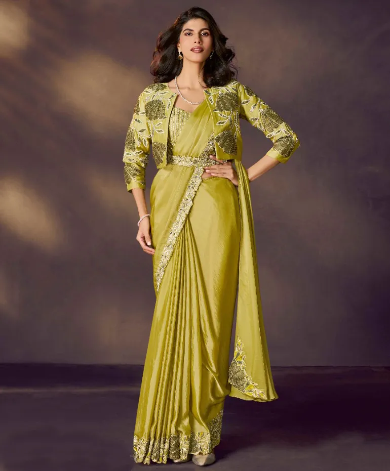 Mustard Soft Satin Silk Hand Embroidered Readymade Saree