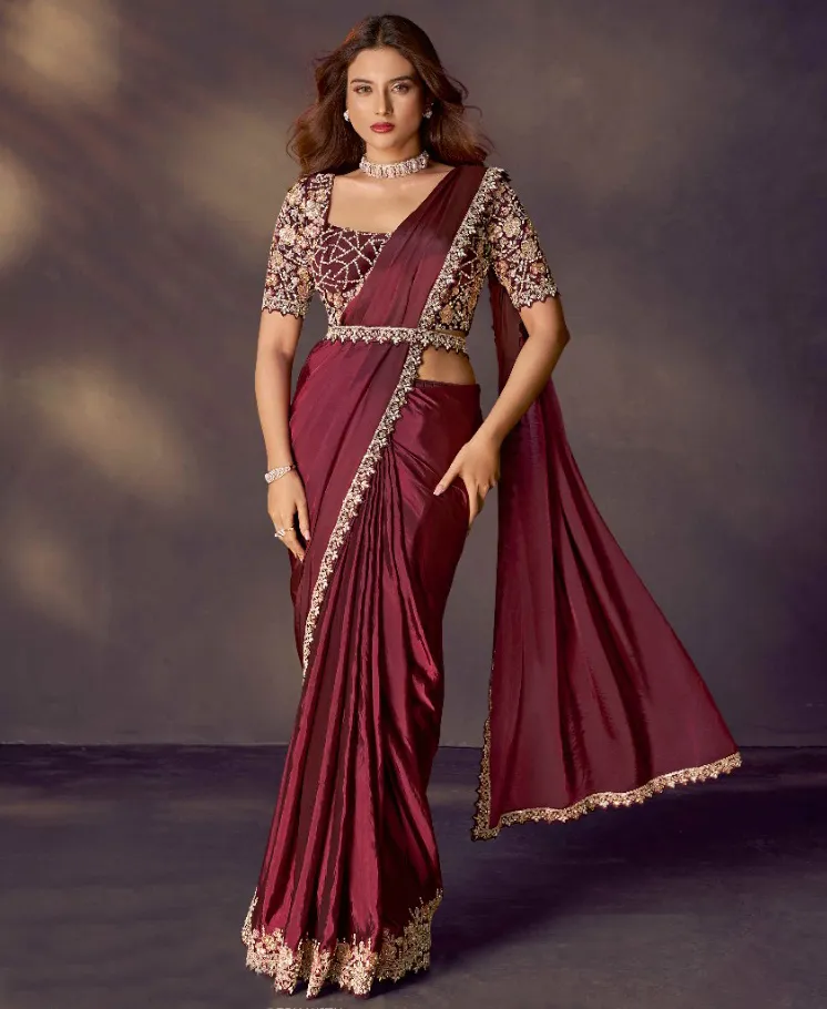Maroon Two Tone Soft Silk Embroidered Readymade Saree