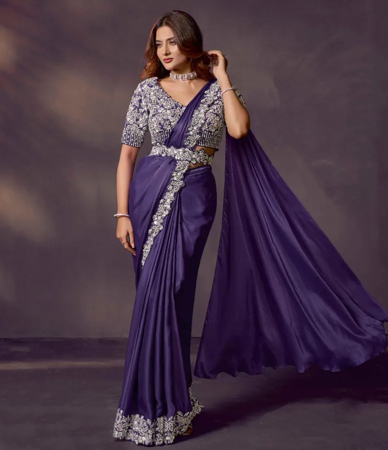 Violet Soft Satin Silk Sequins Embroidered Readymade Saree