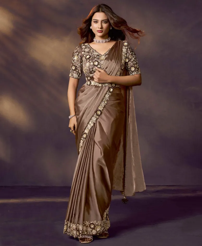 Brown Two Tone Soft Silk Sequins Work Readymade Saree