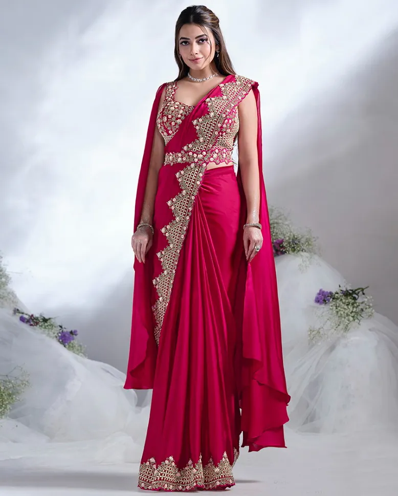 Red Crepe Satin Silk Moti Work Readymade Saree