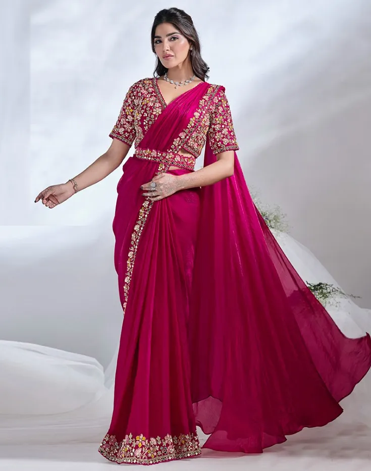 Magenta Two Tone Satin Silk Mirror Work Readymade Saree