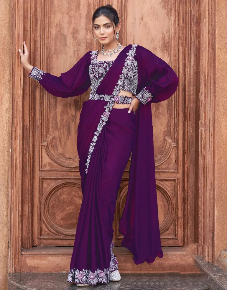 Royal Purple Crepe Satin Silk Pearl Work Readymade Saree