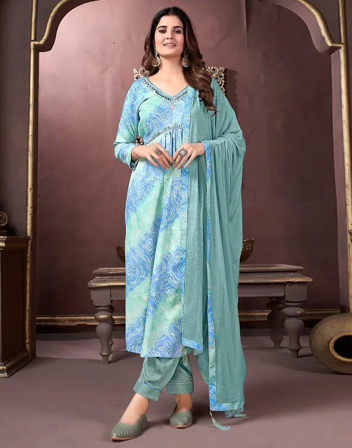 Sky Blue Premium Rayon Handwork Readymade Salwar Suit