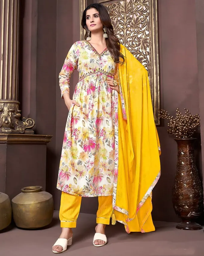 Yellow Premium Rayon Handwork Readymade Salwar Suit