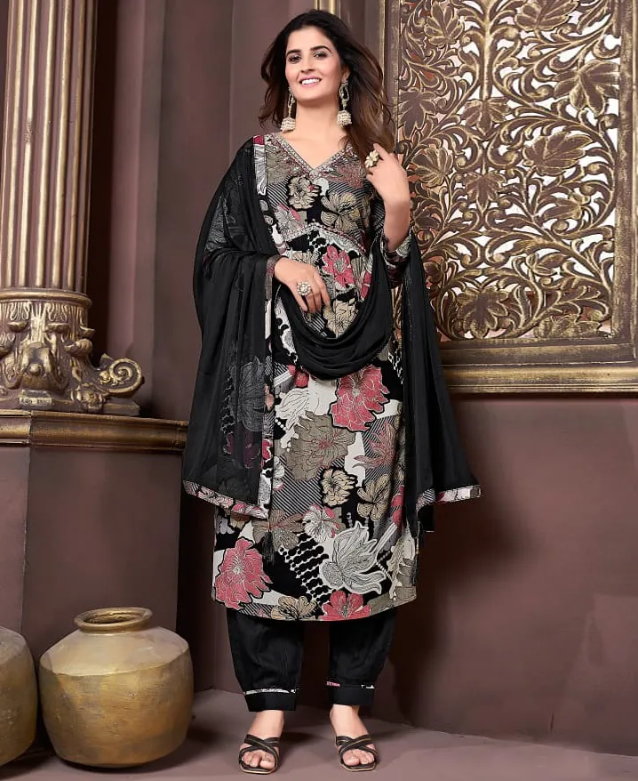 Black Premium Rayon Handwork Readymade Salwar Suit