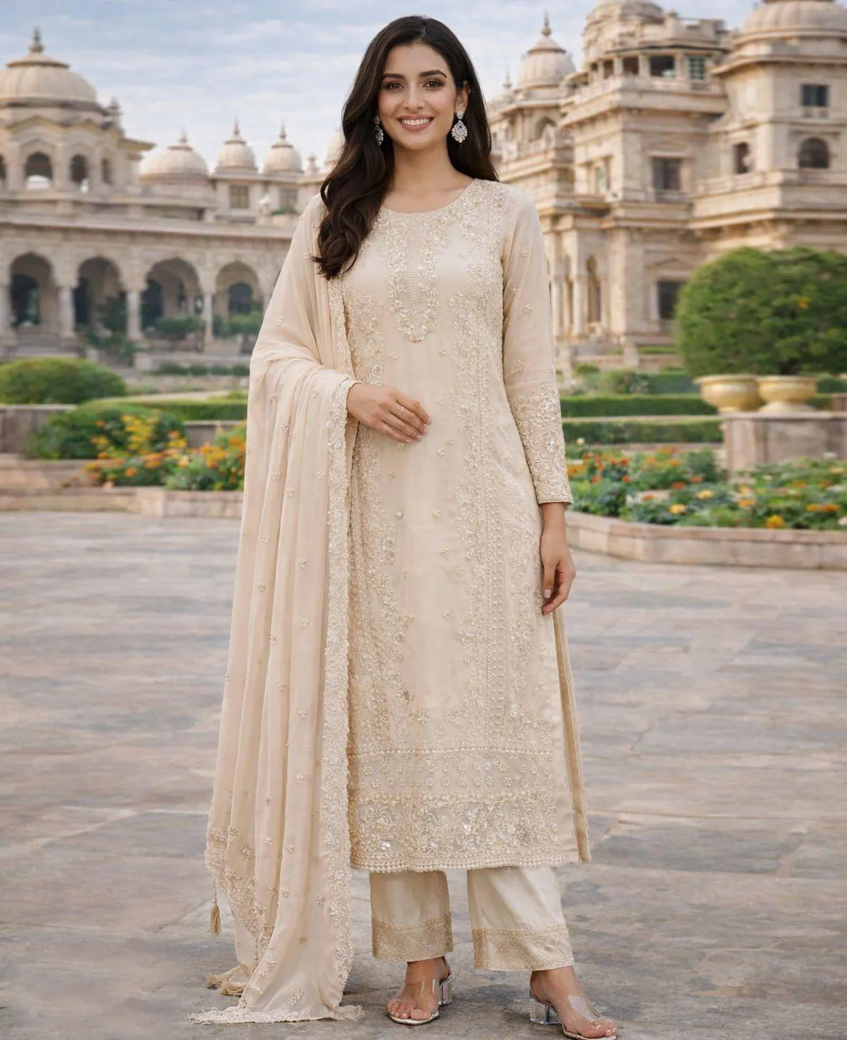 Cream Premium Real Georgette Embroidered Readymade Salwar Suit