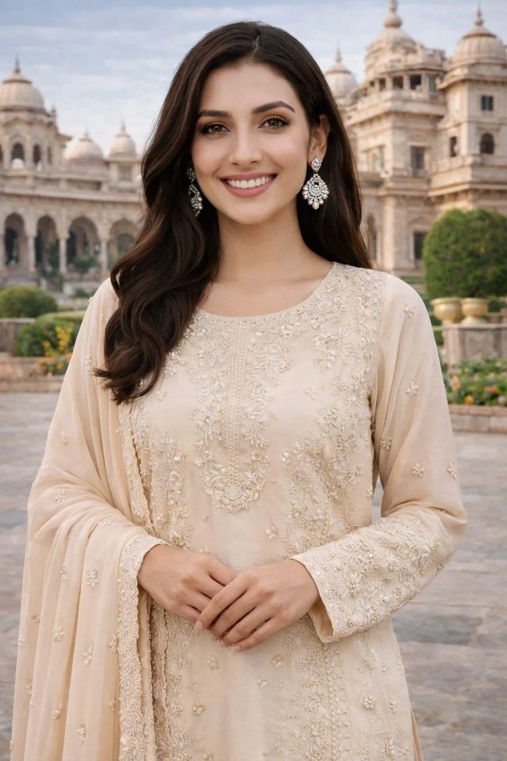 Cream Premium Real Georgette Embroidered Readymade Salwar Suit - Image 2