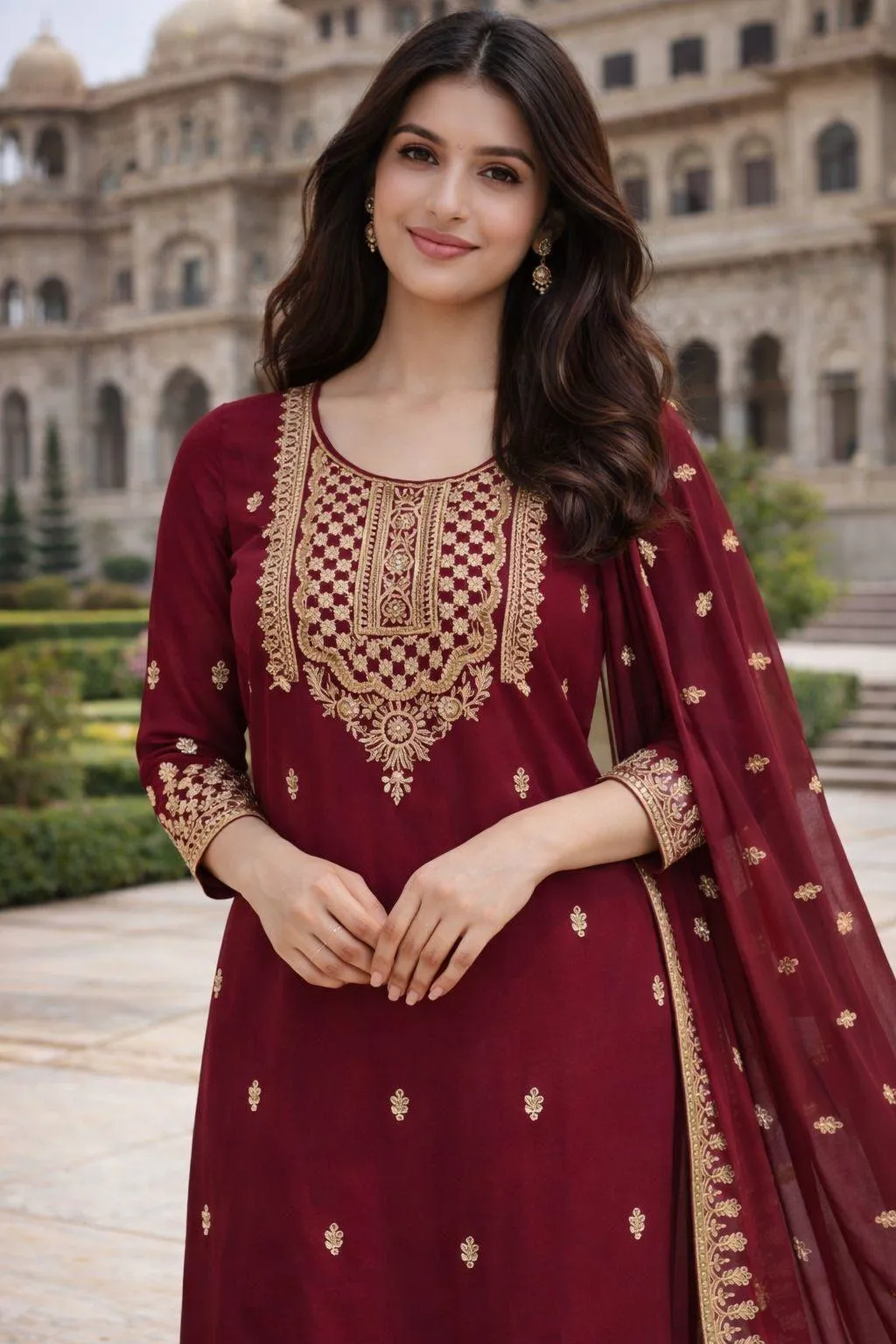 Maroon Chinon Silk Embroidered Readymade Salwar Suit - Image 2