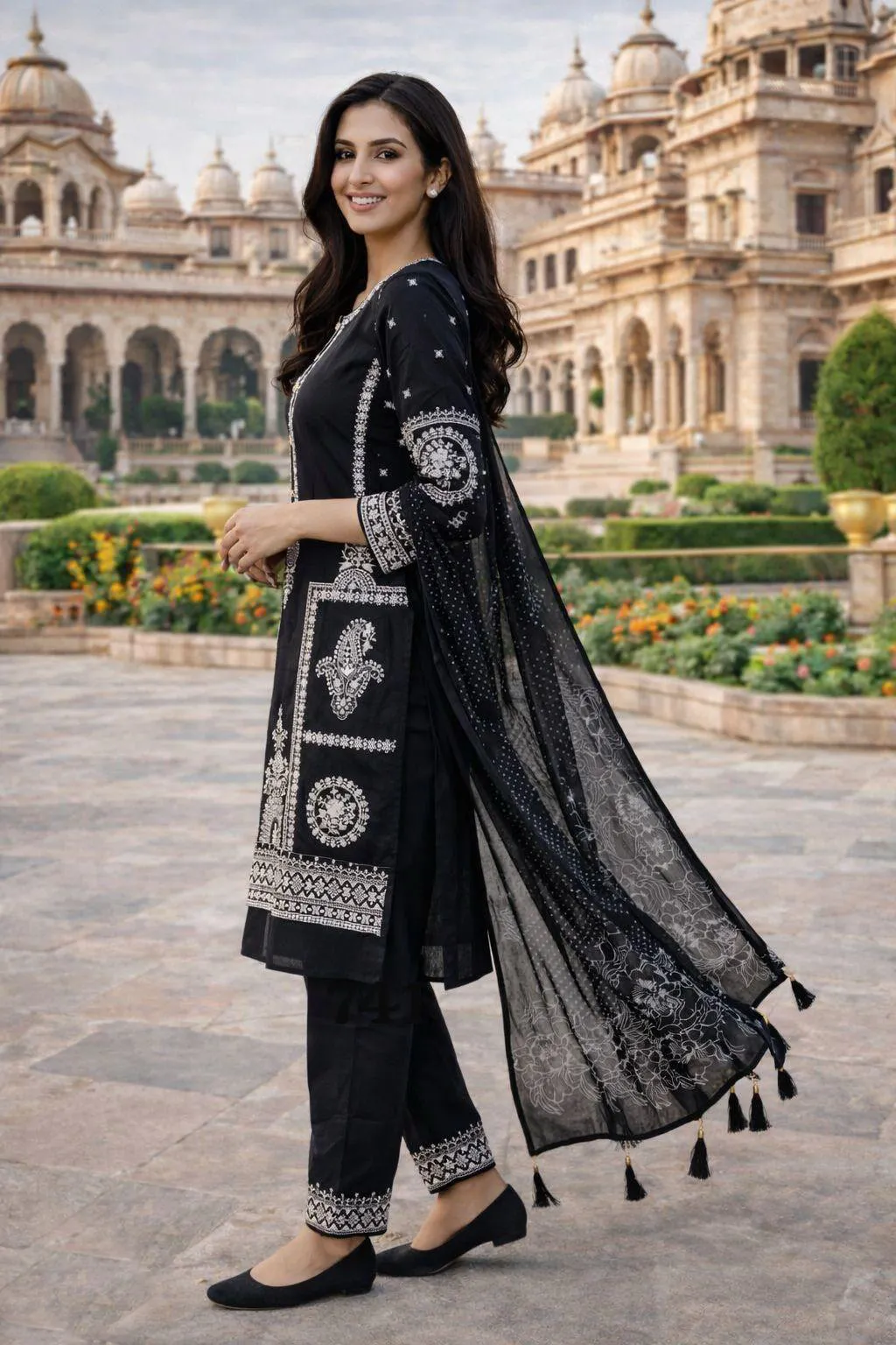 Black Premium Real Georgette Embroidered Readymade Salwar Suit - Image 2