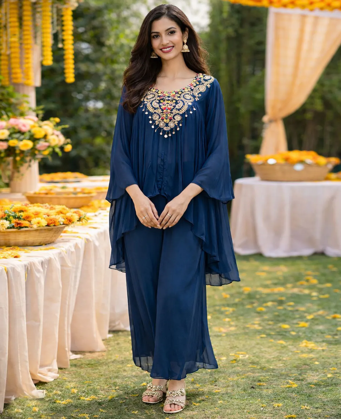 Navy Blue Pure Viscose Chinon Embroidered Indo Western Set