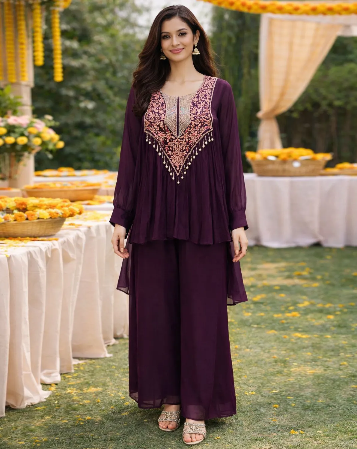 Wine Pure Viscose Chinon Embroidered Indo Western Set