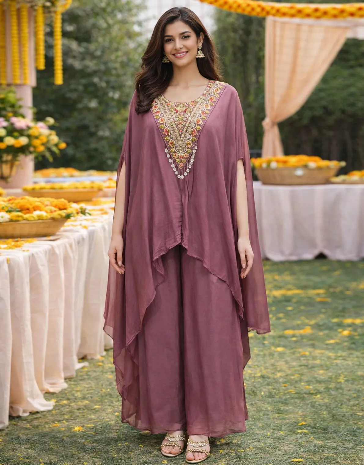 Mauve Pure Viscose Chinon Embroidered Indo Western Set