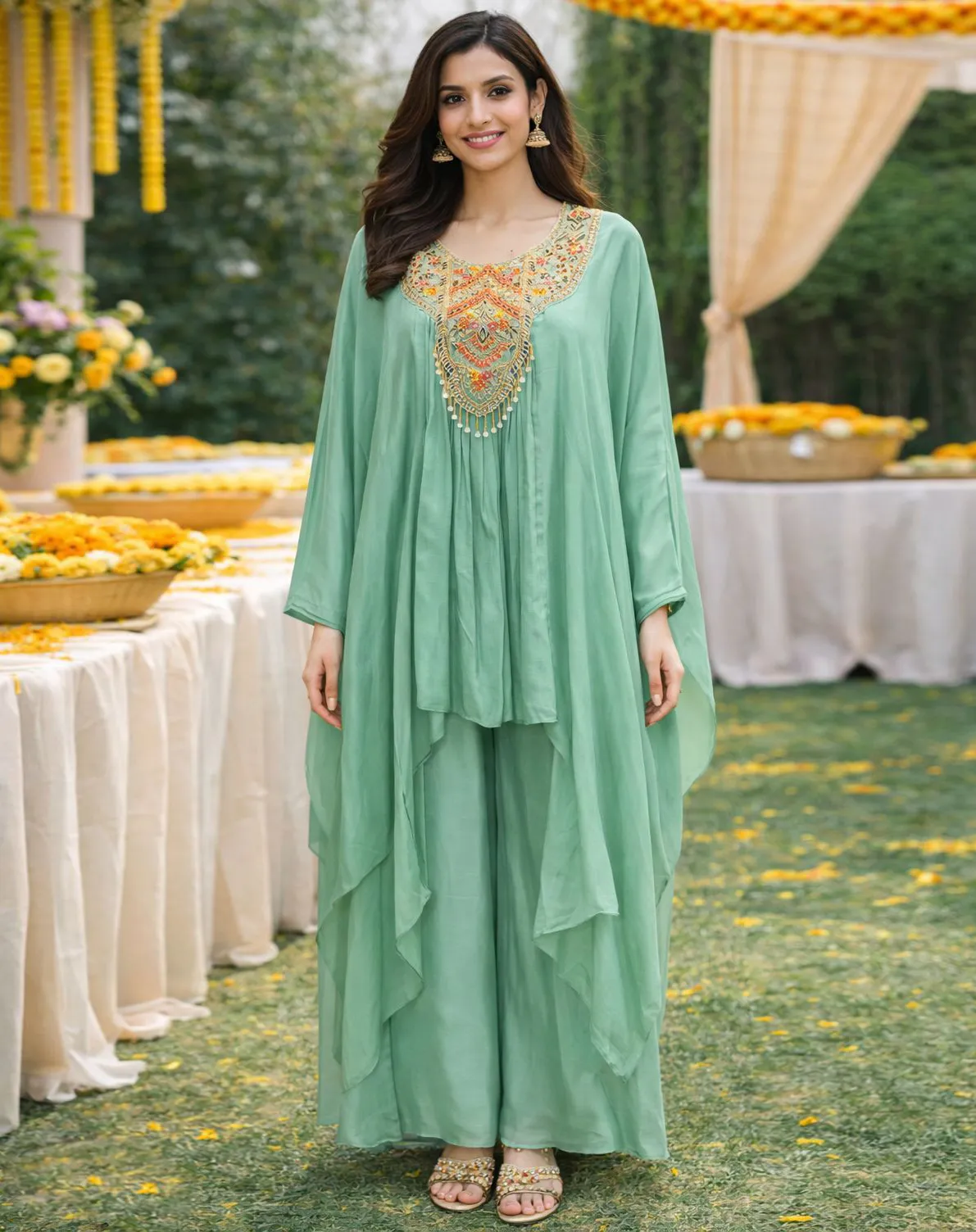 Sea Green Pure Viscose Chinon Embroidered Indo Western Set