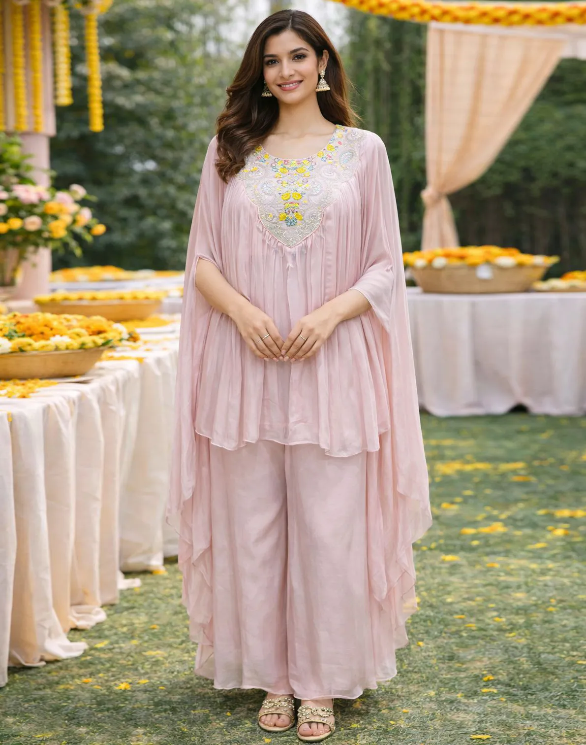 Light Pink Pure Viscose Chinon Embroidered Indo Western Set