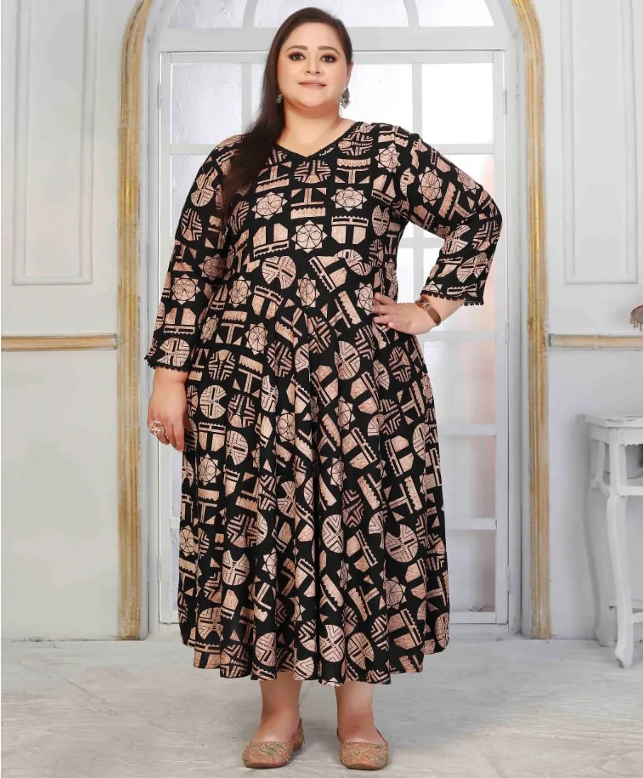 Black Premium Rayon Printed Plus Size Long Kurti