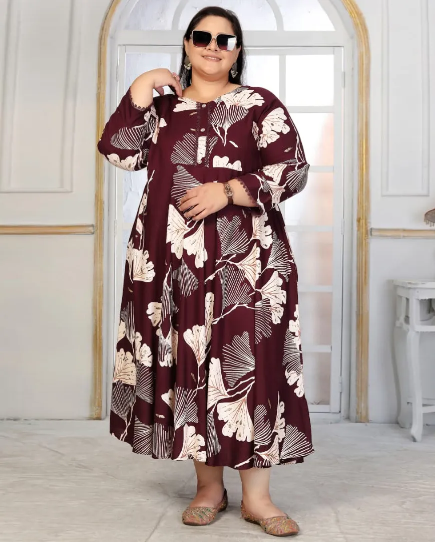 Wine Premium Rayon Printed Plus Size Long Kurti