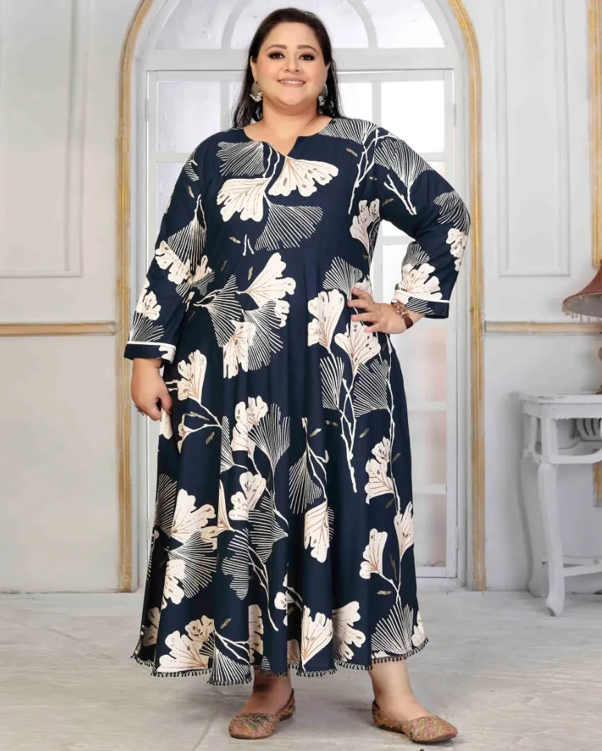 Navy Blue Premium Rayon Printed Plus Size Long Kurti