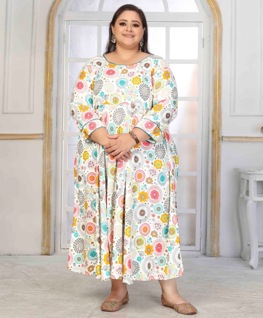 White Premium Rayon Printed Plus Size Long Kurti