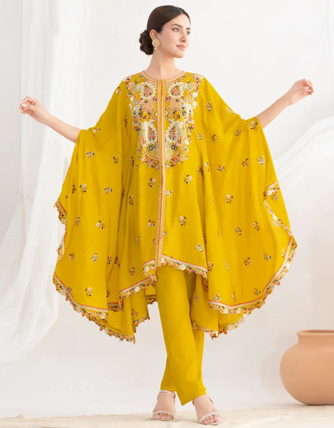 Mustard Premium Chinon Embroidered Kaftan Set