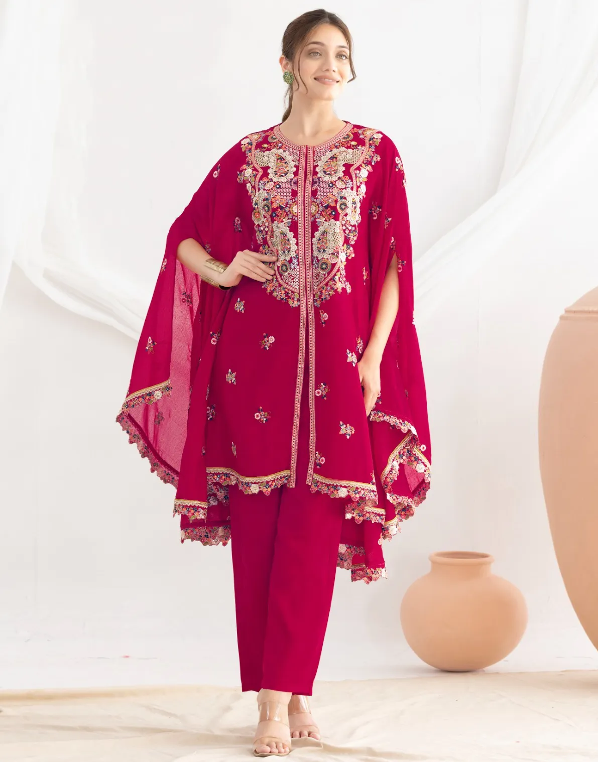 Magenta Premium Chinon Embroidered Kaftan Set