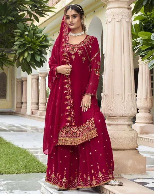 Maroon Georgette Heavy Embroidered Salwar Suit
