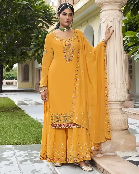 Yellow Georgette Heavy Embroidered Salwar Suit