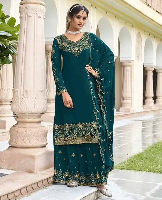 Teal Green Georgette Heavy Embroidered Salwar Suit