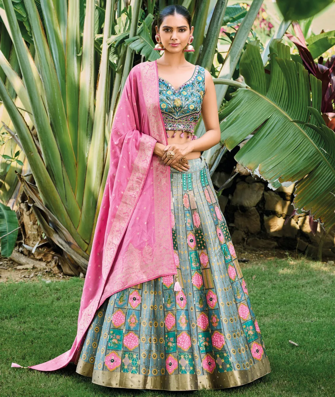 Teal Blue Dola Position Silk Khatli Work Designer Lehenga