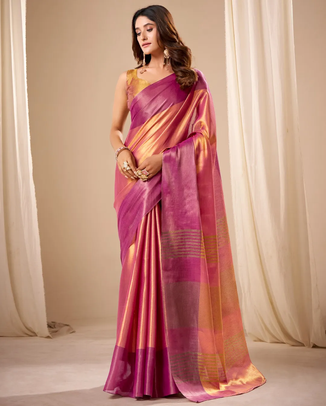 Orange and Pink Tissue Soft Silk Handloom Saree